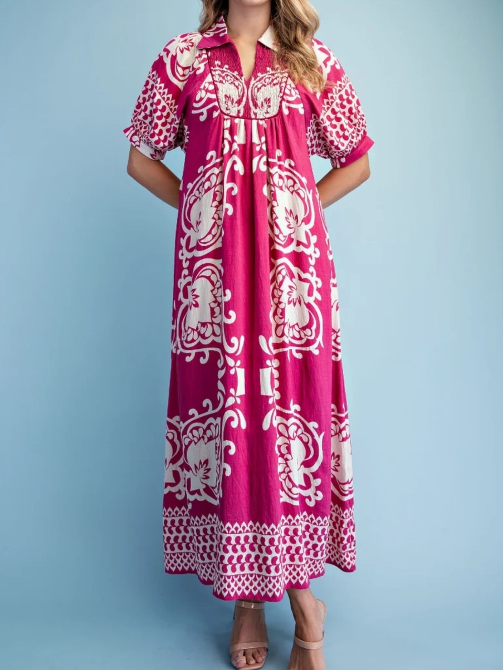 GiGiO Pink and Cream Smocked Boho Maxi Dress